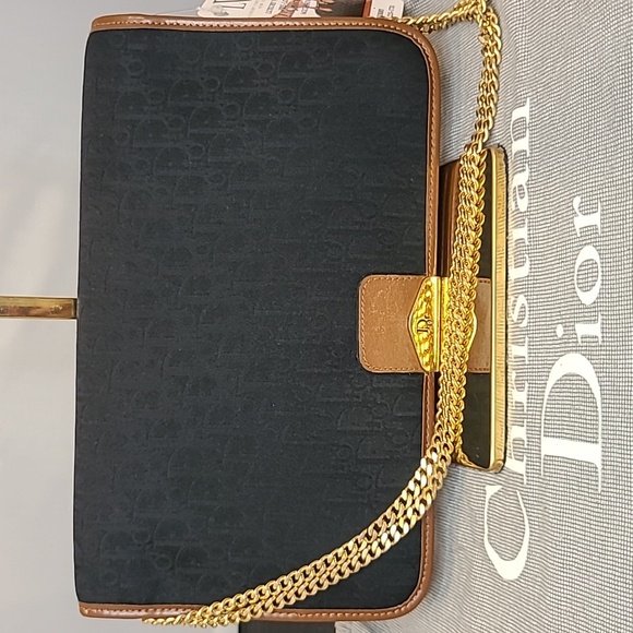 DIOR VINTAGE 1980S DIORISSIMO BLK CANVAS/LEATHER CHAIN FLAP CLUTCH/SHOULDER BAG - Picture 1 of 17
